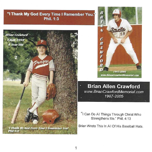 Brian Crawford Memorial pamphlet cover showing childhood T-ball and Prague baseball photographs