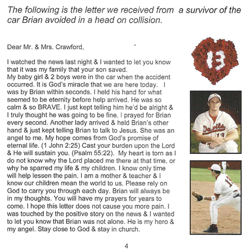 Page four of the Brian Crawford Memorial pamphlet containing a letter identified as coming from a survivor of the other vehicle