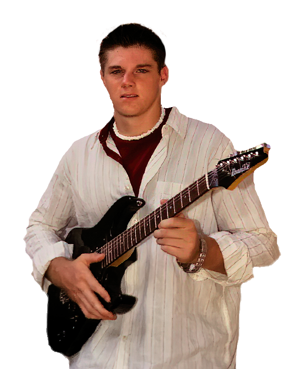 Brian Crawford holding his black guitar