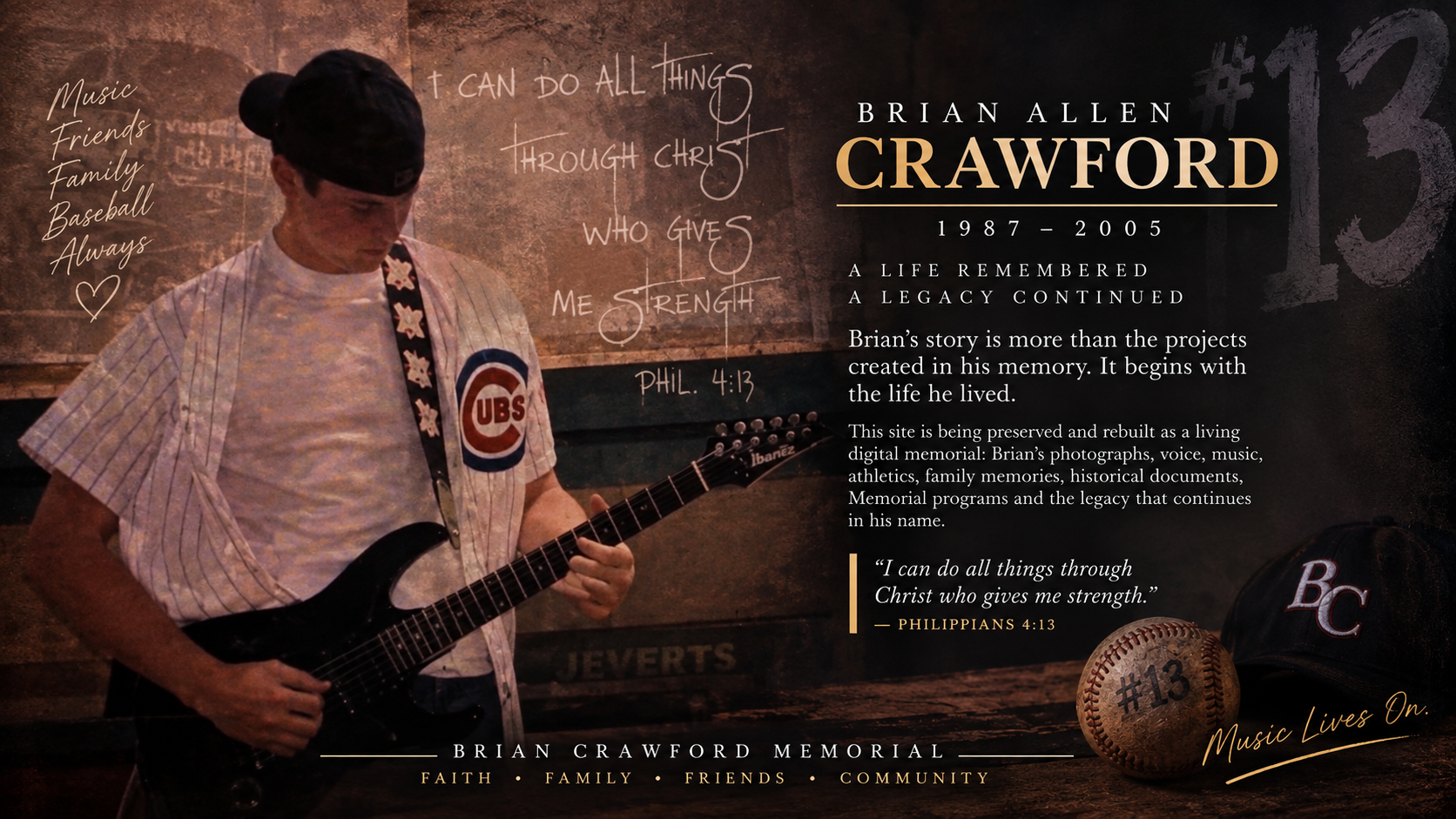 The Story Continues — Forever #13, Brian Crawford with guitar in a performance-stage memorial design